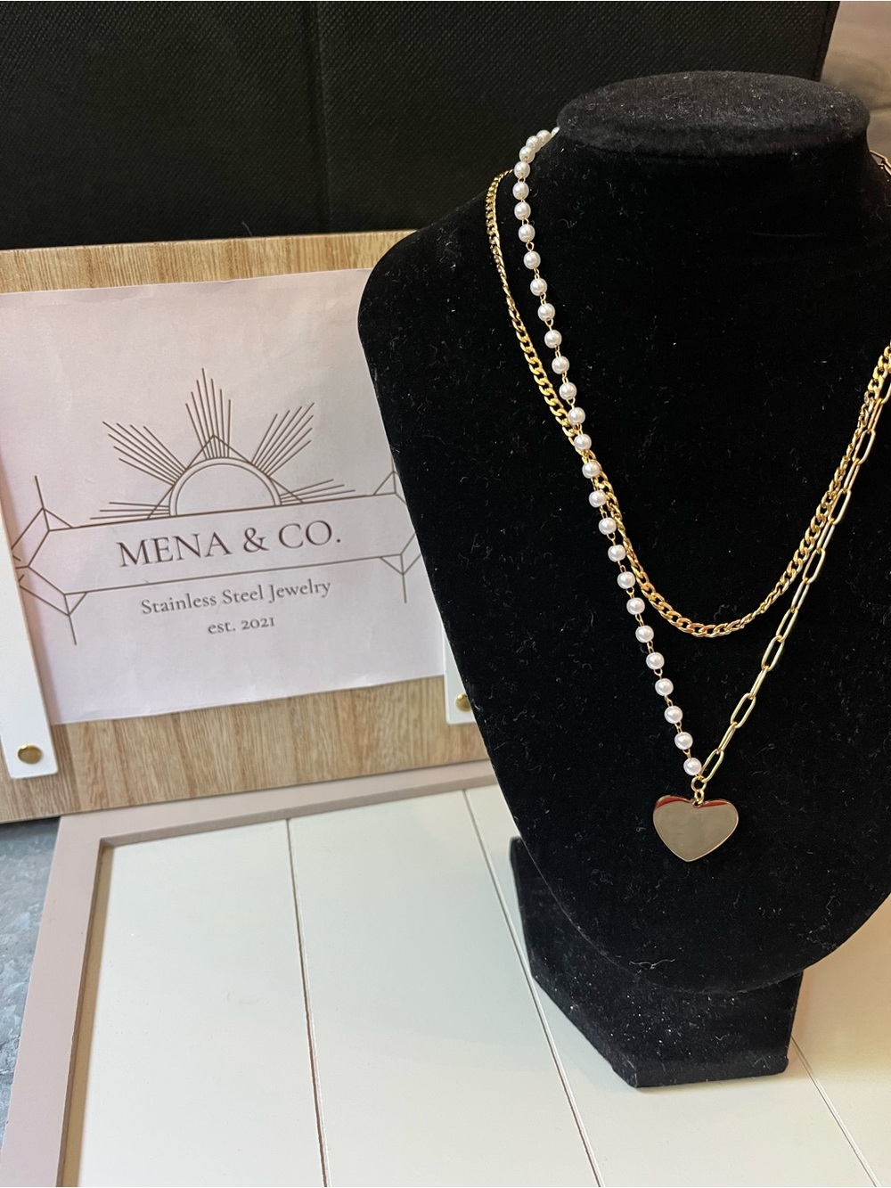 Gold Stainless Steel Heart Layered Necklace with Pearls